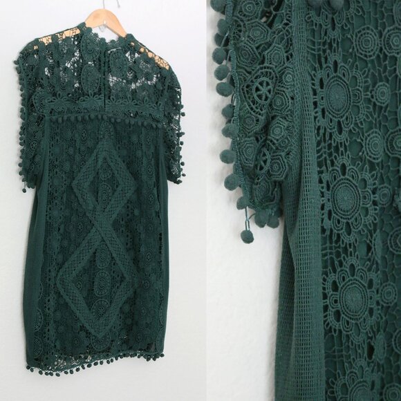 Tularosa Revolve Clayton Tunic Mini Dress L Hunter Green Pom Pom Trim Lace $210 - Picture 13 of 16